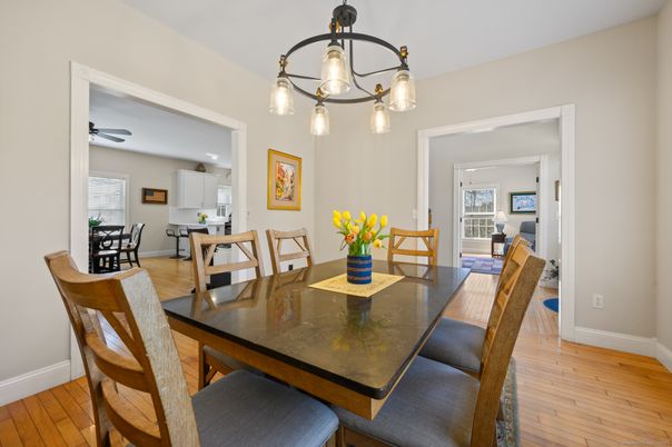 Dining room, Interior, Pendant Lights, Wood Texture Flooring
