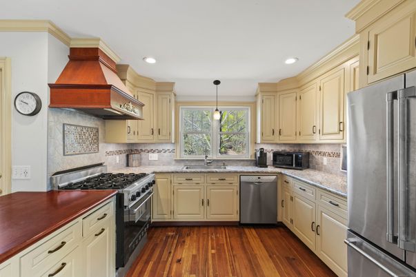 Interior, Kitchen, Pendant Lights, Recessed Lighting, Stainless Steel Appliances, Wood Texture Flooring