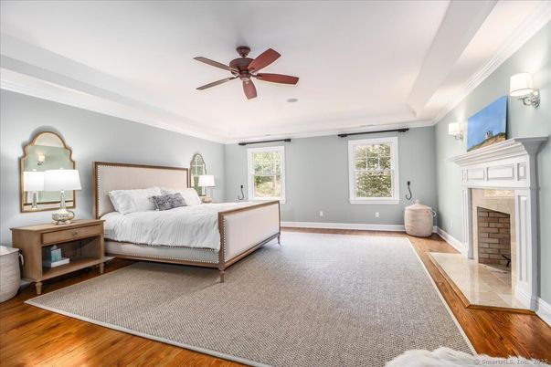 Bedroom, Fireplace, Interior, Wood Texture Flooring