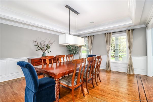 Dining room, Interior, Pendant Lights, Wood Texture Flooring