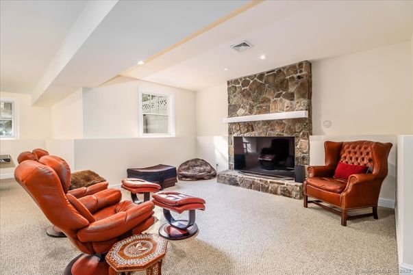 Fireplace, Interior, Living room, Recessed Lighting, Stone Walls