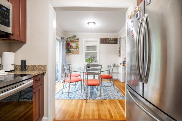 Dining room, Interior, Kitchen, Stainless Steel Appliances, Wood Texture Flooring