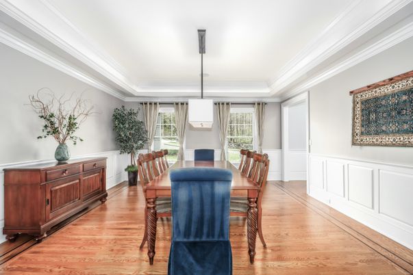 Dining room, Interior, Pendant Lights, Wood Texture Flooring