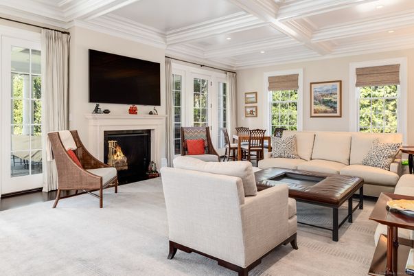 Dining room, Fireplace, Interior, Living room, Recessed Lighting