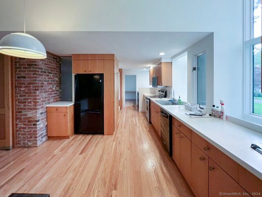 Interior, Kitchen, Pendant Lights, Recessed Lighting, Stone Walls, Wood Texture Flooring