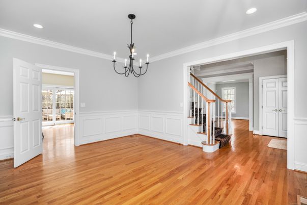 Chandelier, Empty room, Interior, Recessed Lighting, Wood Texture Flooring
