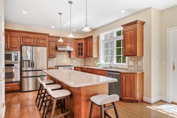 Interior, Kitchen, Pendant Lights, Recessed Lighting, Stainless Steel Appliances, Wood Texture Flooring