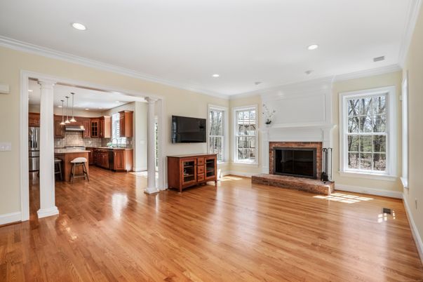 Fireplace, Interior, Kitchen, Pendant Lights, Recessed Lighting, Wood Texture Flooring