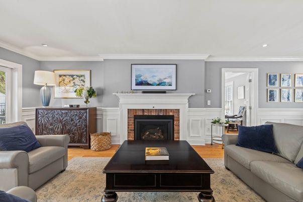 Fireplace, Interior, Living room, Recessed Lighting, Wood Texture Flooring