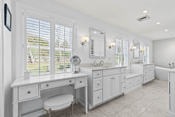 Bathroom, Dual Sink Vanities, Interior, Marble, Recessed Lighting