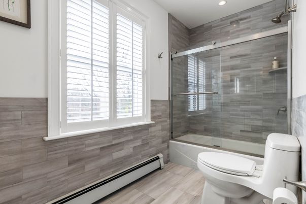 Bathroom, Glass Shower, Interior, Recessed Lighting, Wood Texture Flooring