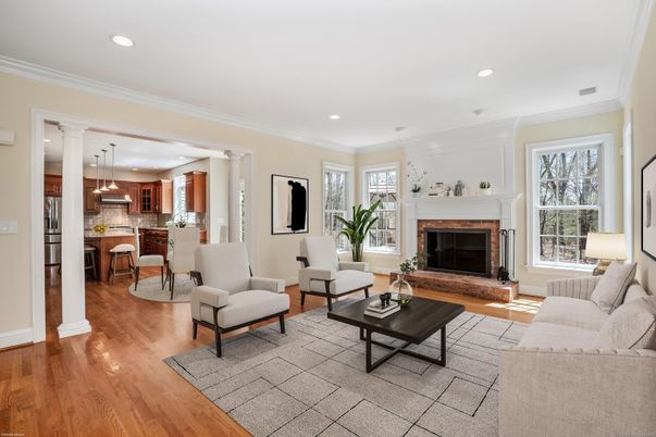 Dining room, Fireplace, Interior, Kitchen, Living room, Pendant Lights, Recessed Lighting, Wood Texture Flooring