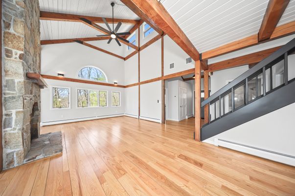 Empty room, Fireplace, Interior, Pendant Lights, Wooden Beams, Wood Texture Flooring
