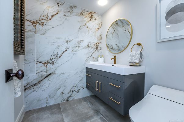 Bathroom, Dual Sink Vanities, Interior, Marble Walls, Recessed Lighting