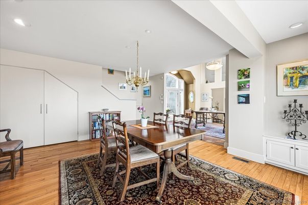 Chandelier, Dining room, Interior, Pendant Lights, Recessed Lighting, Wood Texture Flooring