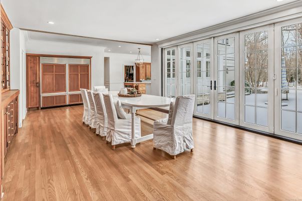 Chandelier, Dining room, Interior, Kitchen, Recessed Lighting, Wood Texture Flooring