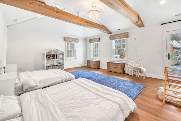 Bedroom, Interior, Recessed Lighting, Wooden Beams, Wood Texture Flooring