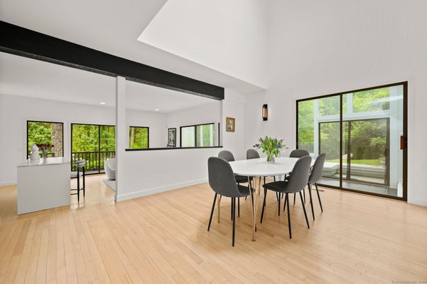 Dining room, Interior, Recessed Lighting, Wood Texture Flooring