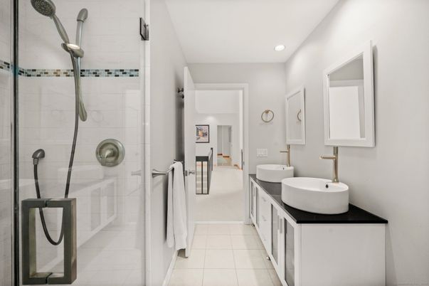 Bathroom, Dual Sink Vanities, Glass Shower, Interior, Recessed Lighting