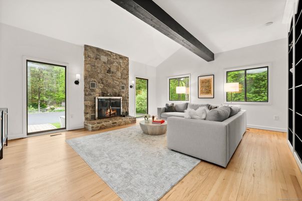 Fireplace, Interior, Living room, Stone Walls, Wooden Beams, Wood Texture Flooring