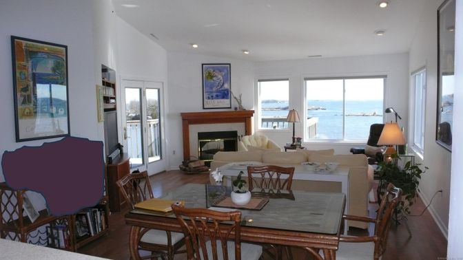 Dining room, Fireplace, Interior, Living room, Recessed Lighting, Water, Wood Texture Flooring