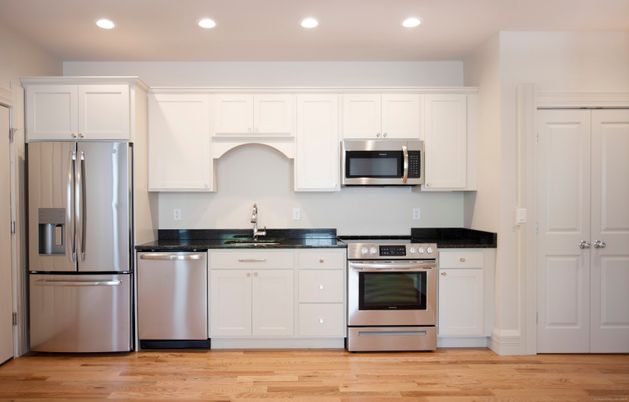 Interior, Kitchen, Recessed Lighting, Stainless Steel Appliances, Wood Texture Flooring