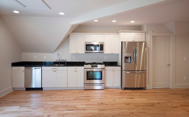 Interior, Kitchen, Recessed Lighting, Stainless Steel Appliances, Wood Texture Flooring
