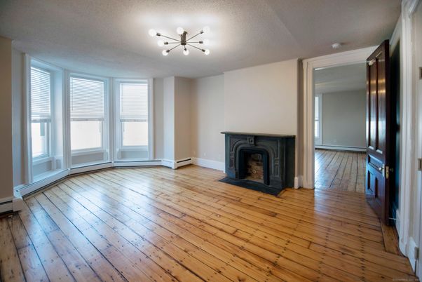 Empty room, Fireplace, Interior, Pendant Lights, Wood Texture Flooring