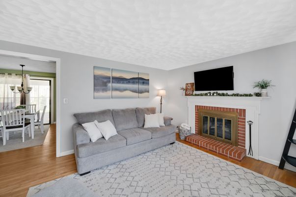 Dining room, Fireplace, Interior, Living room, Pendant Lights, Wood Texture Flooring