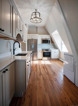 Chandelier, Interior, Kitchen, Stainless Steel Appliances, Wood Texture Flooring