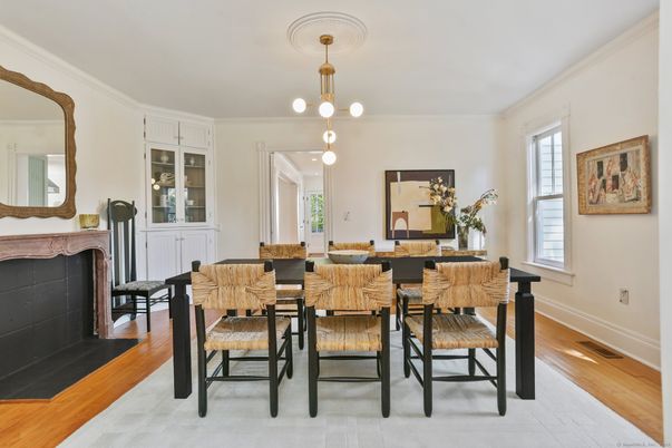 Dining room, Fireplace, Interior, Pendant Lights, Wood Texture Flooring