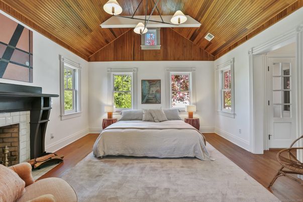 Bedroom, Fireplace, Interior, Pendant Lights, Wooden Ceilings, Wood Texture Flooring