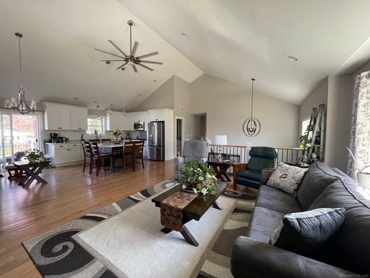 Dining room, Interior, Kitchen, Living room, Pendant Lights, Recessed Lighting, Stainless Steel Appliances, Wood Texture Flooring