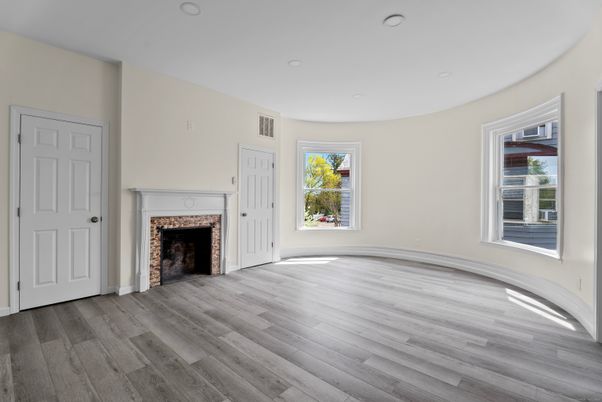 Empty room, Fireplace, Interior, Recessed Lighting, Wood Texture Flooring