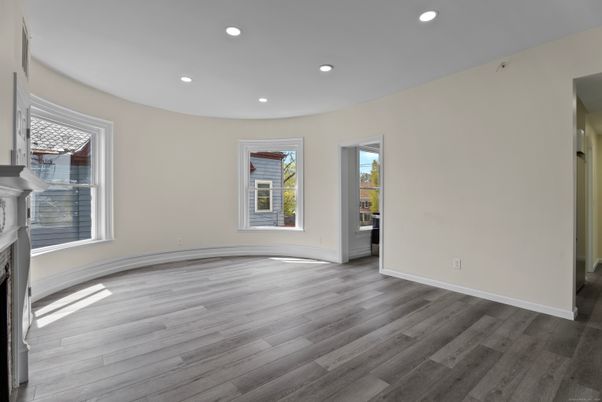 Empty room, Fireplace, Interior, Recessed Lighting, Wood Texture Flooring