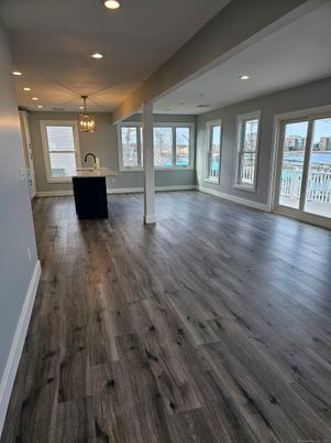 Empty room, Interior, Pendant Lights, Recessed Lighting, Wood Texture Flooring