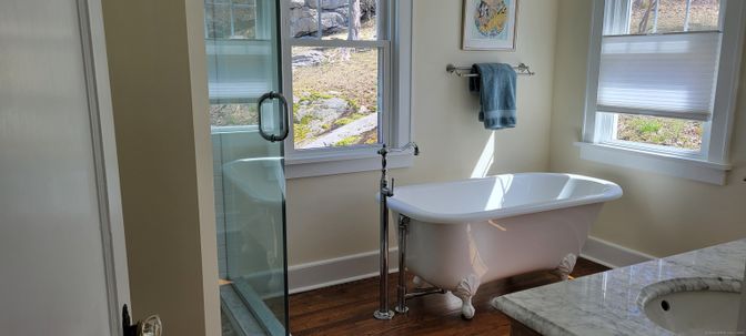 Bathroom, Free Standing Baths, Glass Shower, Interior, Wood Texture Flooring