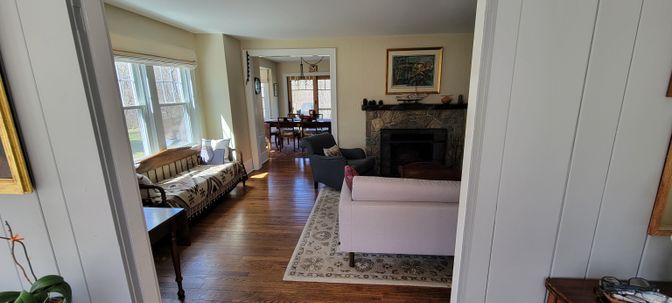 Dining room, Fireplace, Interior, Living room, Wood Texture Flooring