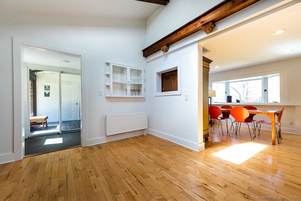 Dining room, Interior, Recessed Lighting, Wooden Beams, Wood Texture Flooring
