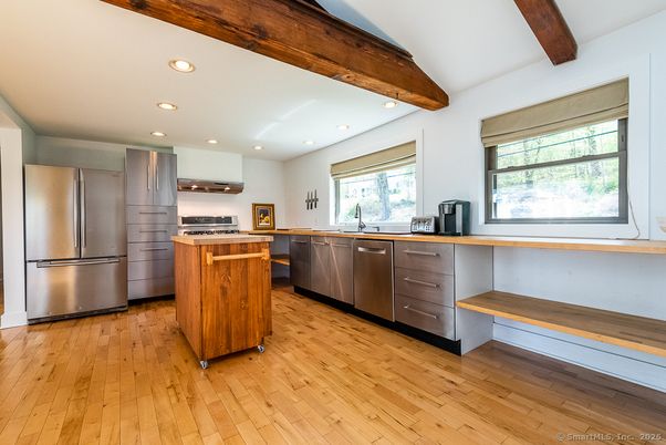 Interior, Kitchen, Recessed Lighting, Stainless Steel Appliances, Wooden Beams, Wood Texture Flooring