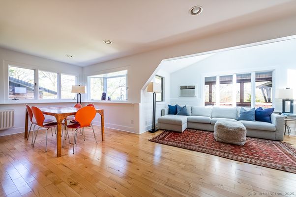 Dining room, Interior, Living room, Recessed Lighting, Wood Texture Flooring