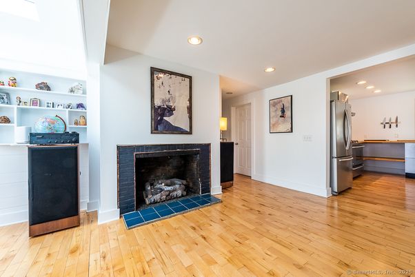 Fireplace, Interior, Kitchen, Recessed Lighting, Wood Texture Flooring
