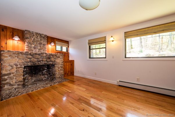 Empty room, Fireplace, Interior, Stone Walls, Wood Texture Flooring, Wooden Walls