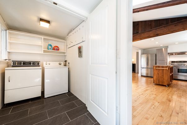 Interior, Kitchen, Recessed Lighting, Stainless Steel Appliances, Washer, Wood Texture Flooring