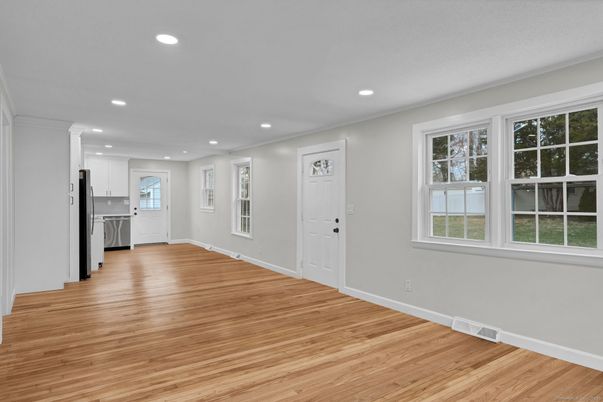 Empty room, Interior, Kitchen, Recessed Lighting, Wood Texture Flooring