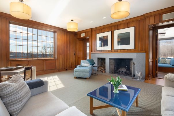 Fireplace, Interior, Living room, Pendant Lights, Recessed Lighting, Wooden Walls