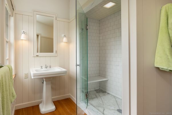 Bathroom, Glass Shower, Interior, Marble, Wood Texture Flooring