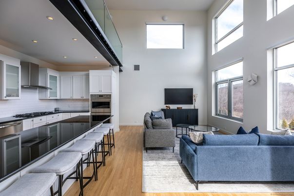 Interior, Kitchen, Living room, Recessed Lighting, Stainless Steel Appliances, Wood Texture Flooring