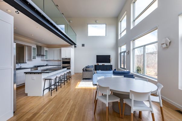 Dining room, Interior, Kitchen, Living room, Recessed Lighting, Stainless Steel Appliances, Wood Texture Flooring