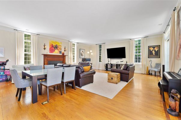 Dining room, Fireplace, Interior, Living room, Piano, Wood Texture Flooring